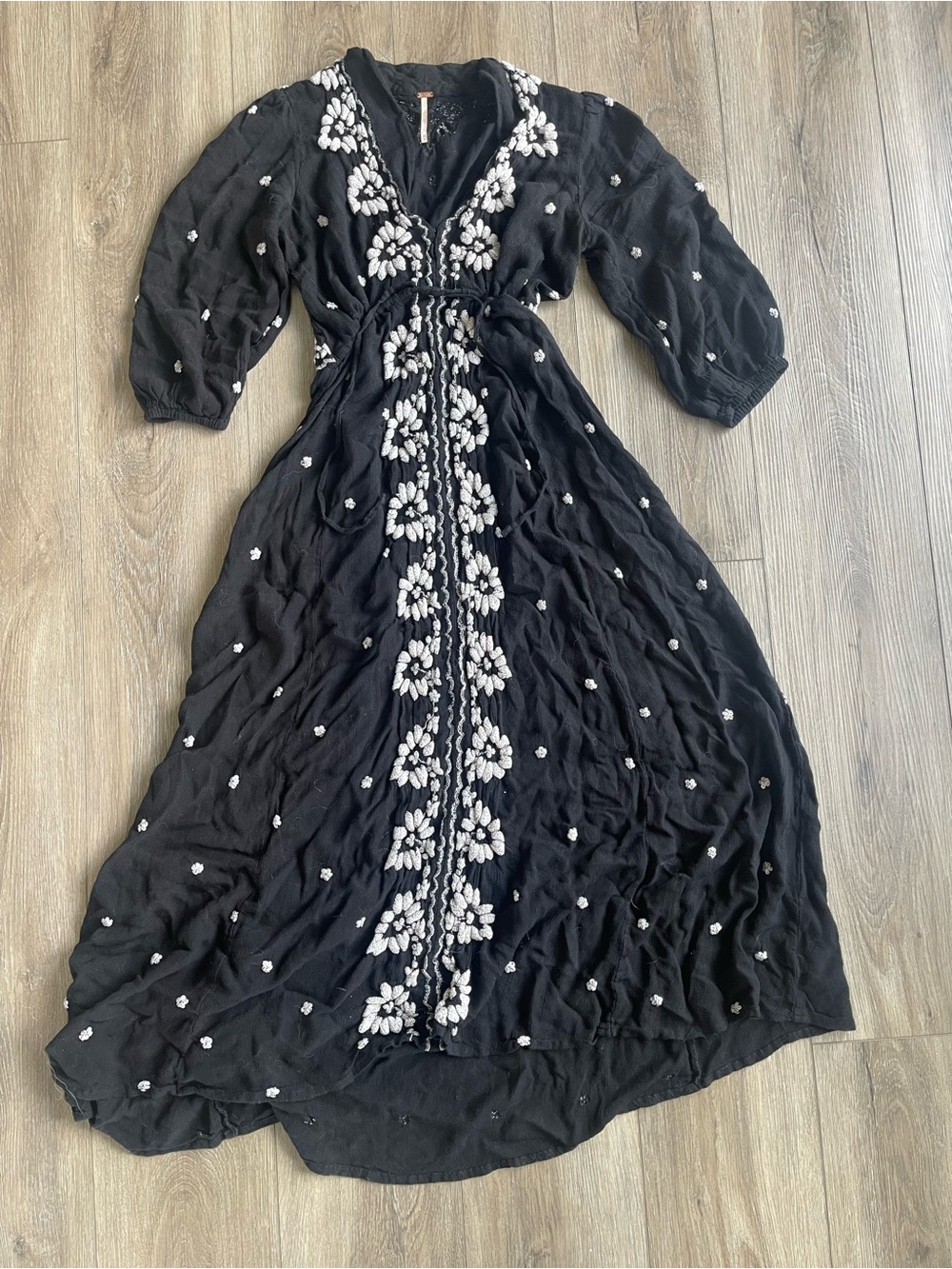 Free People Black Maxi Dress with White Floral Embroidery Trim